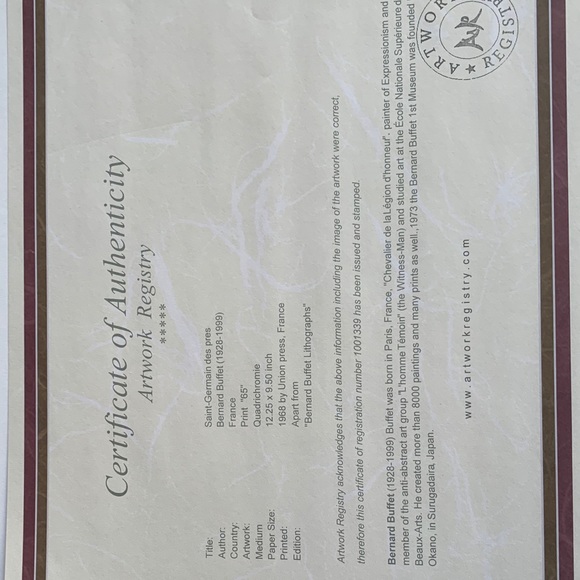 BERNARD BUFFET 12.25x 9.5" matted 11"x14"/COA/NEW - Picture 8 of 8